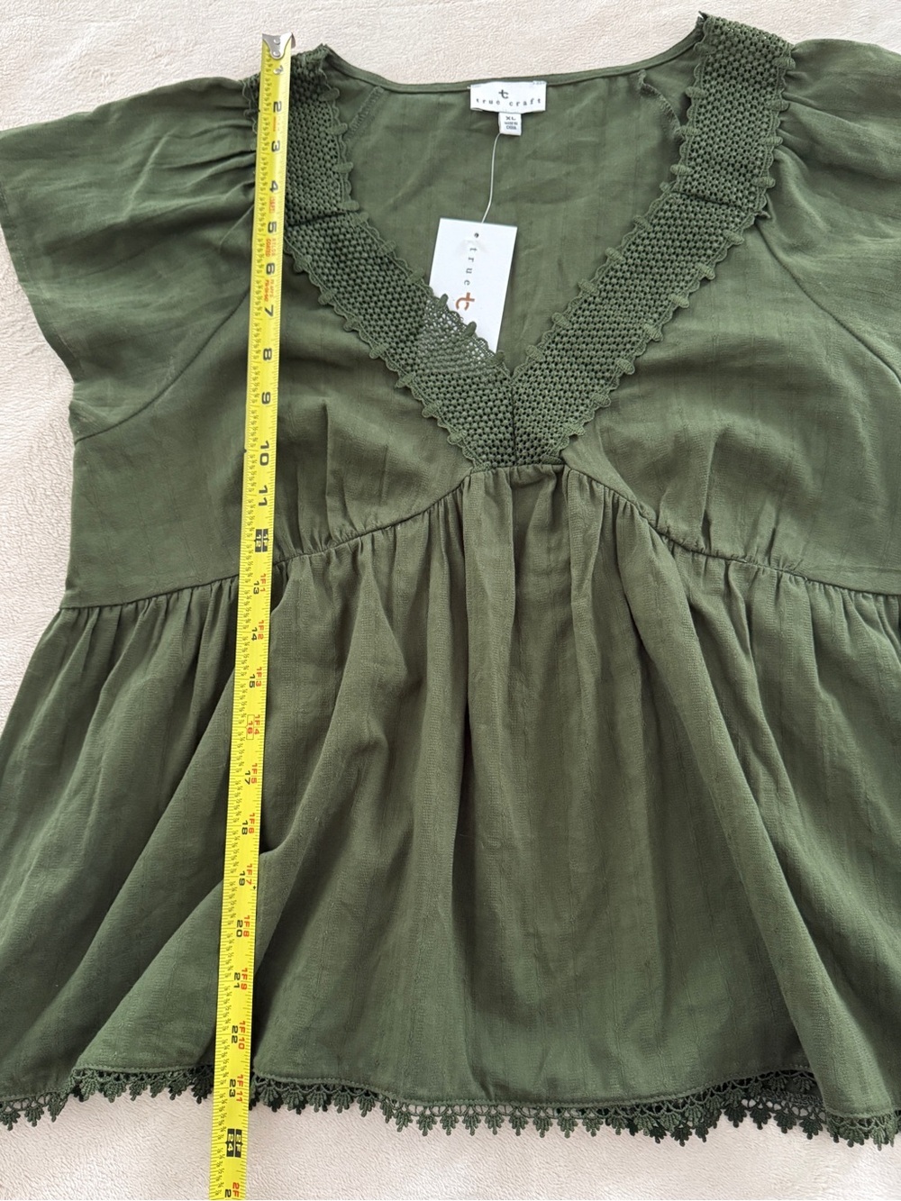 True Craft Olive Green V-Neck Peasant Top Bohemian Women's Blouse Size XL - Picture 5 of 6